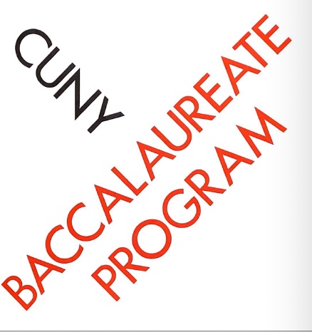 Cover of a booklet from the archive that says CUNY Baccalaureate Program on its cover. All of the letters are capitalized. The words "CUNY" are black and angled diagonally across the page from the top left corner. The remaining words are red and start in the bottom left corner.
