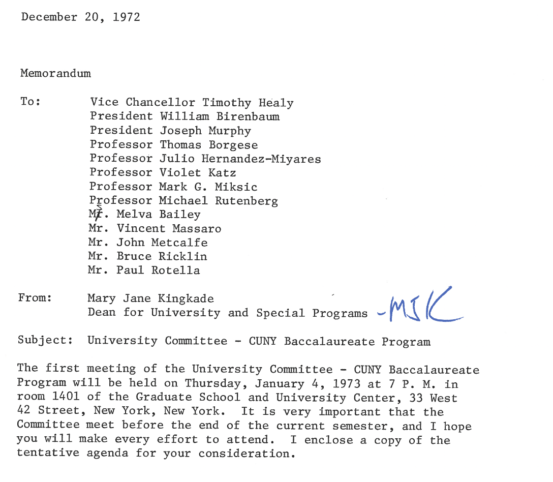 A memo inviting members to the first CUNY BA University Committee meeting, dated December 20, 1972
