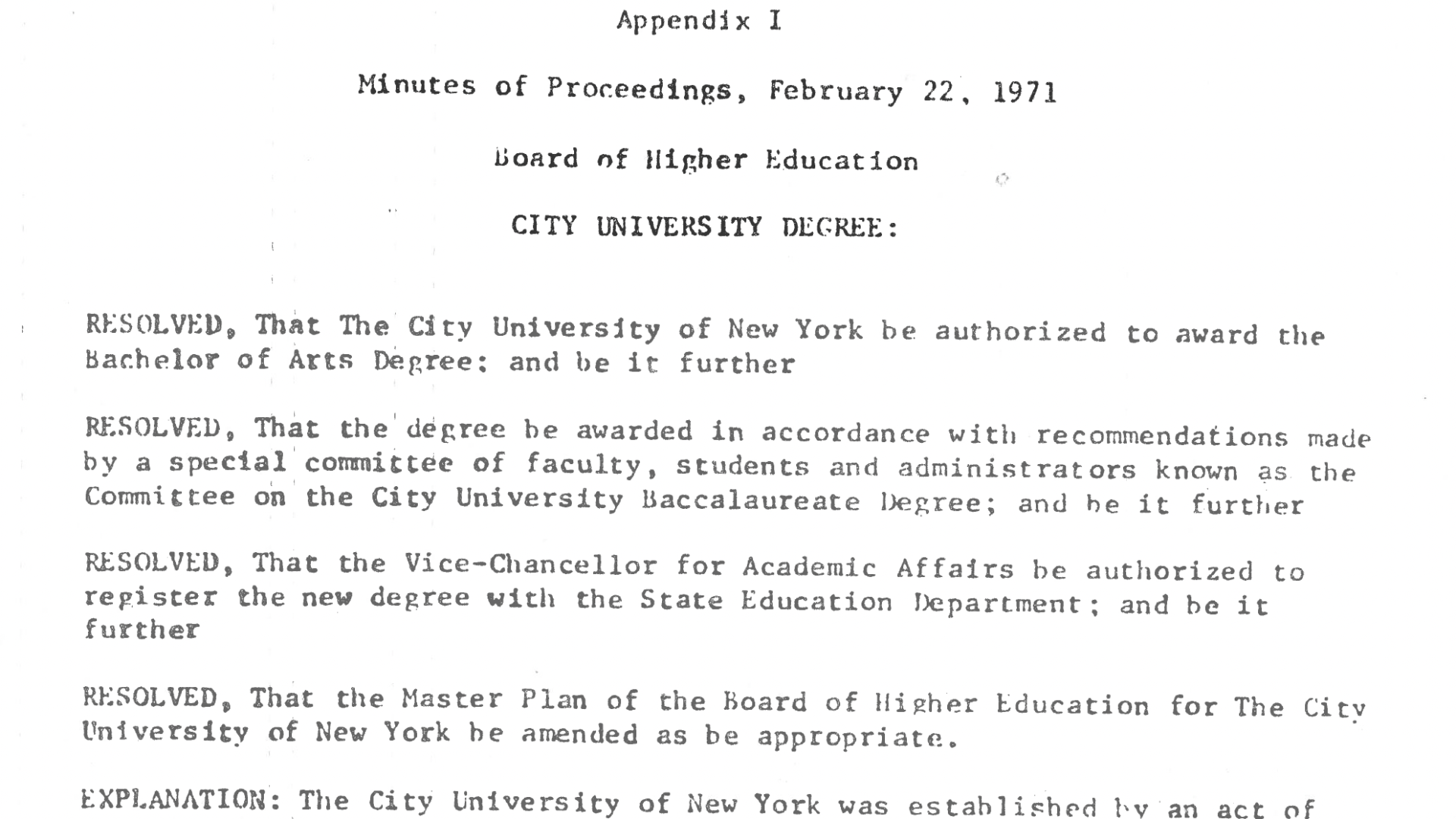 The Board of Higher Education Resolution establish a new CUNY Baccalaureate degree