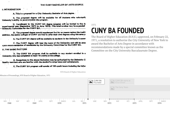 A screenshot of the interactive timeline available by clicking on this photograph. The timeline is split into two columns. To the left is a document and to the right is a description of that document. Below it is a scrollable timeline.