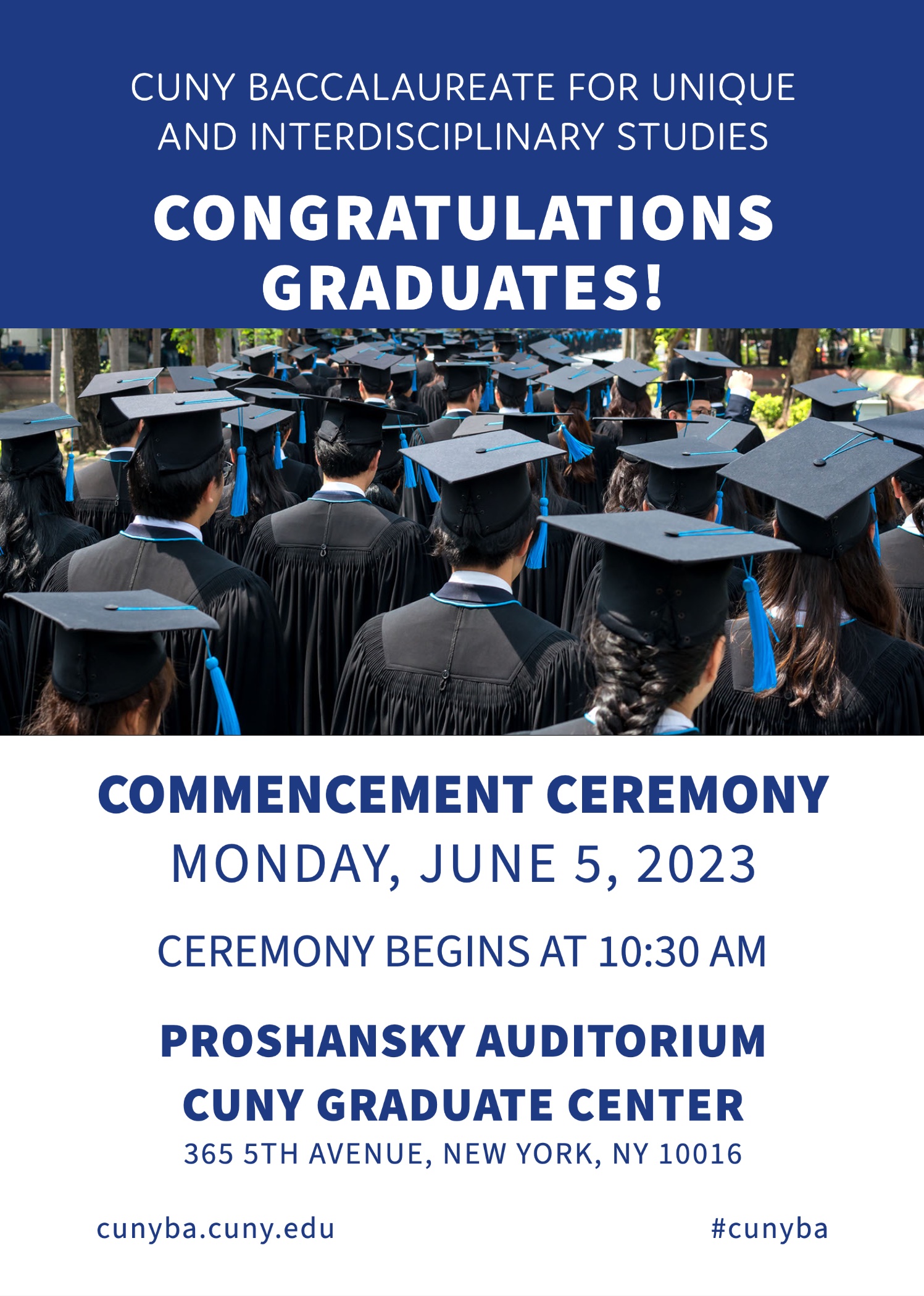 Commencement 2023 poster congtratulating gratuates, with a photo of graduates in caps and gowns followed by the date and time of the commencement ceremony.