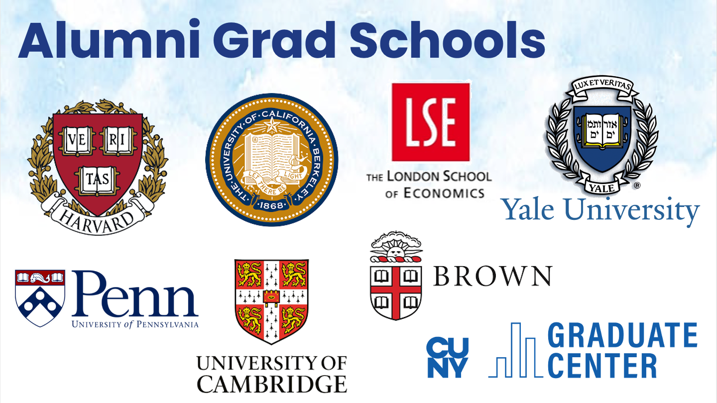 Alumni Grad Schools: Harvard, Berkeley, The London School of Economics, Yale, University of Pennsylvania, Cambridge, Brown, CUNY Graduate Center